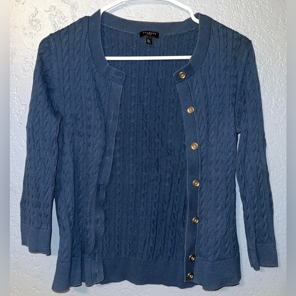 Talbots Blue Cable-Knit Button-Front Cardigan